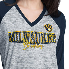 Milwaukee Brewers G-III 4Her by Carl Banks Women's Speed Training 3/4-Sleeve Rhinestone V-Neck T-Shirt - Navy/Heather Navy - MLB on Sale