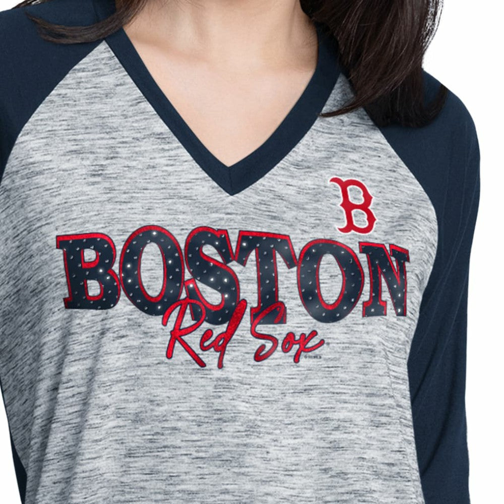 Boston Red Sox G-III 4Her by Carl Banks Women's Speed Training 3/4-Sleeve Rhinestone V-Neck T-Shirt - Navy/Heather Navy - MLB on Sale