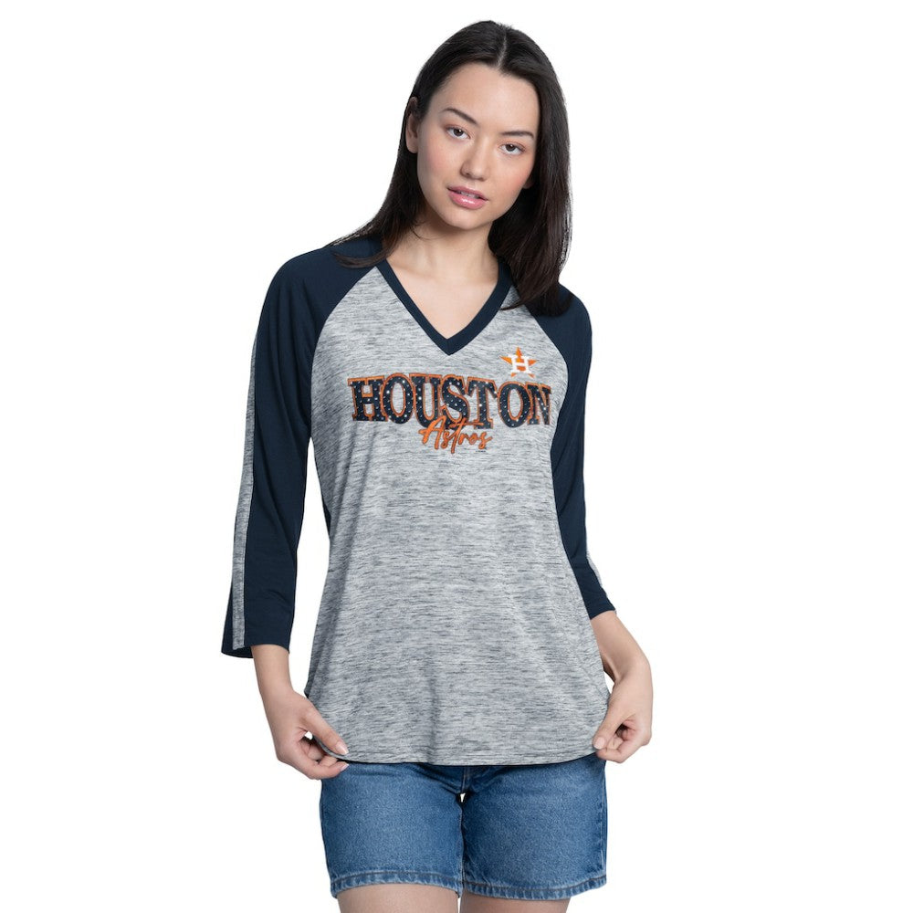 Houston Astros G-III 4Her by Carl Banks Women's Speed Training 3/4-Sleeve Rhinestone V-Neck T-Shirt - Navy/Heather Navy - MLB Lifestyle