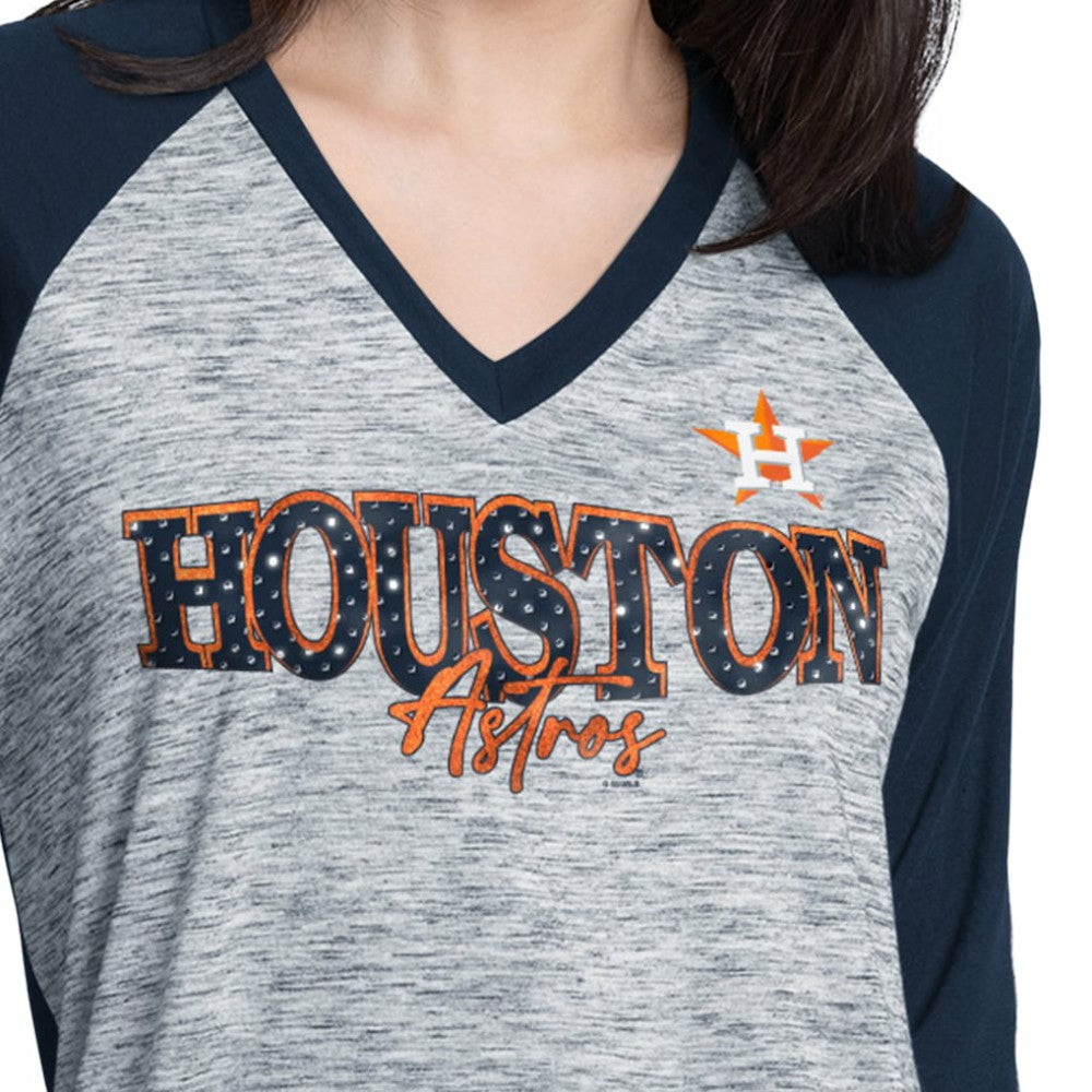 Houston Astros G-III 4Her by Carl Banks Women's Speed Training 3/4-Sleeve Rhinestone V-Neck T-Shirt - Navy/Heather Navy - MLB Lifestyle
