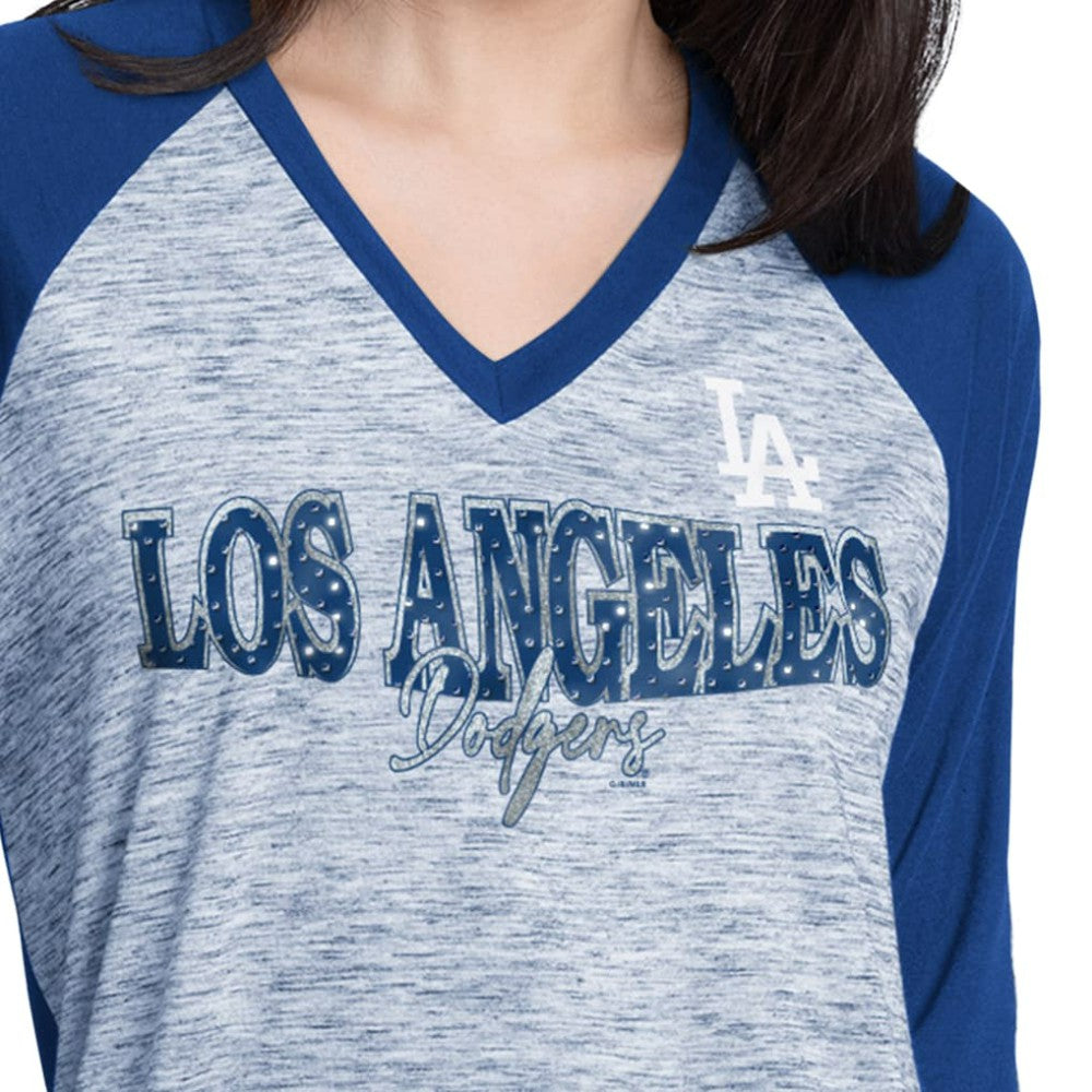 Los Angeles Dodgers G-III 4Her by Carl Banks Women's Speed Training 3/4-Sleeve Rhinestone V-Neck T-Shirt - Royal/Heather Royal - MLB Lifestyle