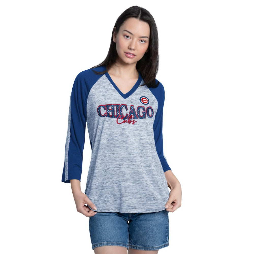 Chicago Cubs G-III 4Her by Carl Banks Women's Speed Training 3/4-Sleeve Rhinestone V-Neck T-Shirt - Royal/Heather Gray - MLB Discount