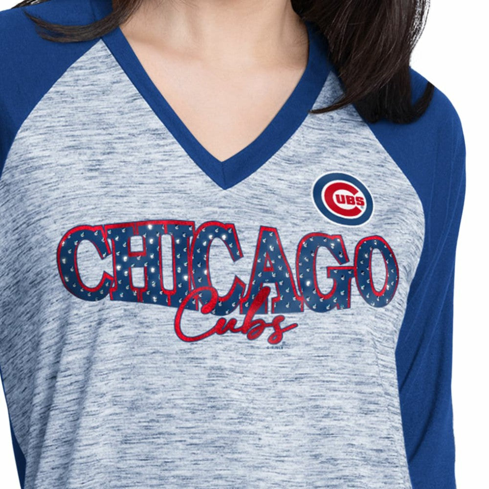 Chicago Cubs G-III 4Her by Carl Banks Women's Speed Training 3/4-Sleeve Rhinestone V-Neck T-Shirt - Royal/Heather Gray - MLB Discount