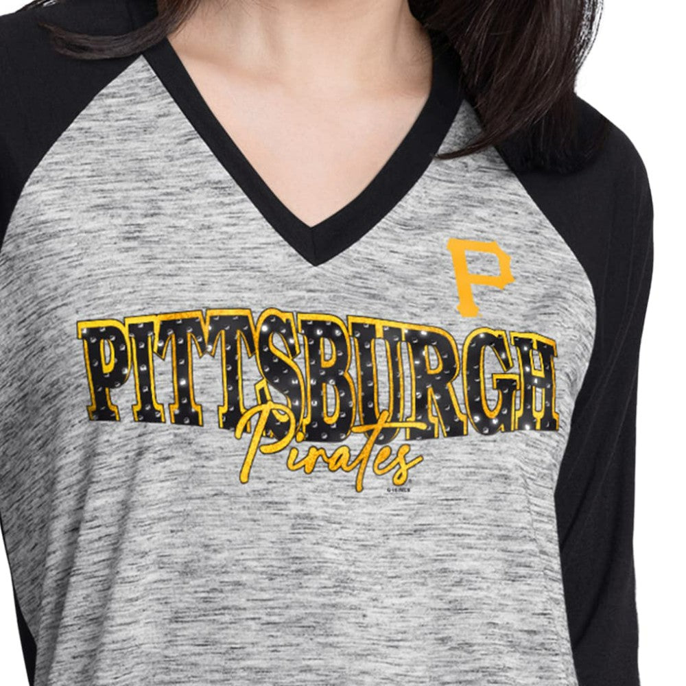 Pittsburgh Pirates G-III 4Her by Carl Banks Women's Speed Training 3/4-Sleeve Rhinestone V-Neck T-Shirt - Black/Heather Black - MLB Online