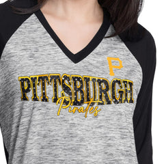 Pittsburgh Pirates G-III 4Her by Carl Banks Women's Speed Training 3/4-Sleeve Rhinestone V-Neck T-Shirt - Black/Heather Black - MLB Online