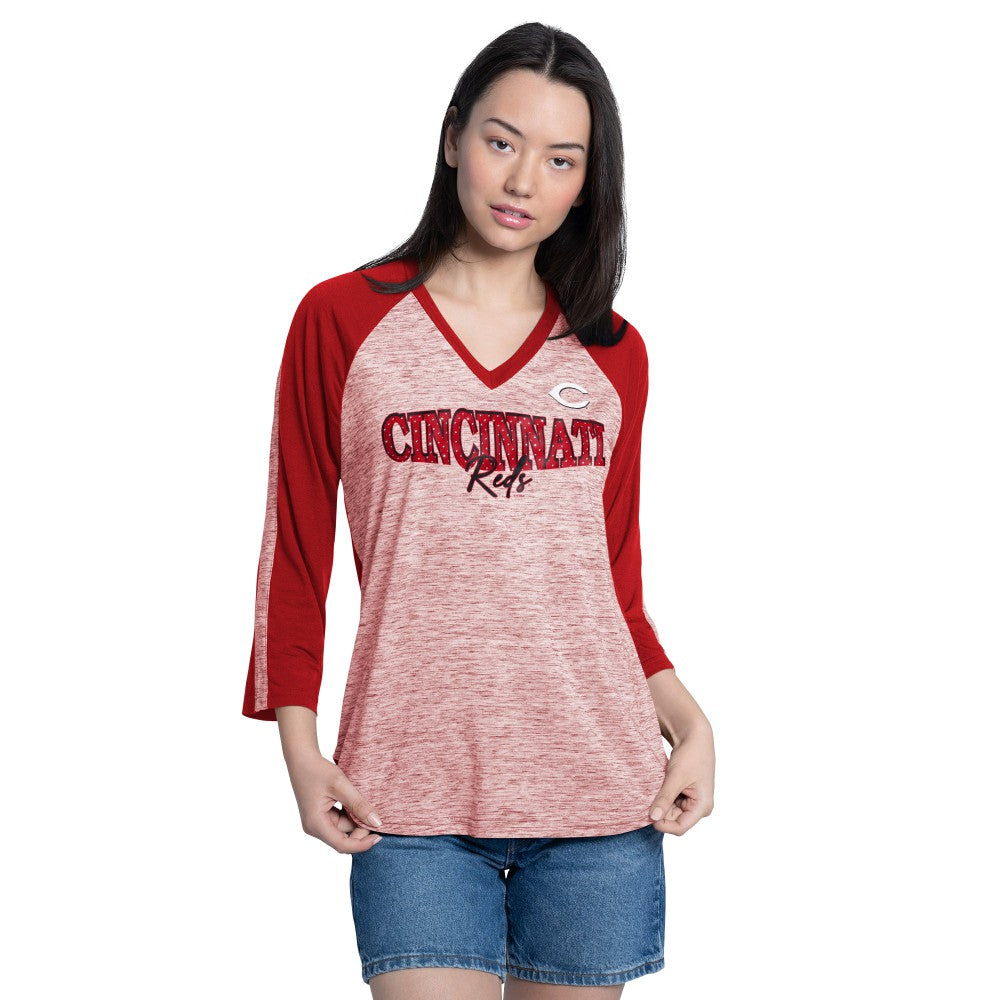 Cincinnati Reds G-III 4Her by Carl Banks Women's Speed Training 3/4-Sleeve Rhinestone V-Neck T-Shirt - Red/Heather Red - MLB Discount