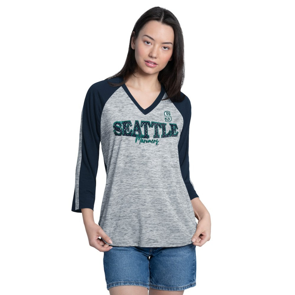 Seattle Mariners G-III 4Her by Carl Banks Women's Speed Training 3/4-Sleeve Rhinestone V-Neck T-Shirt - Navy/Heather Navy - MLB Lifestyle