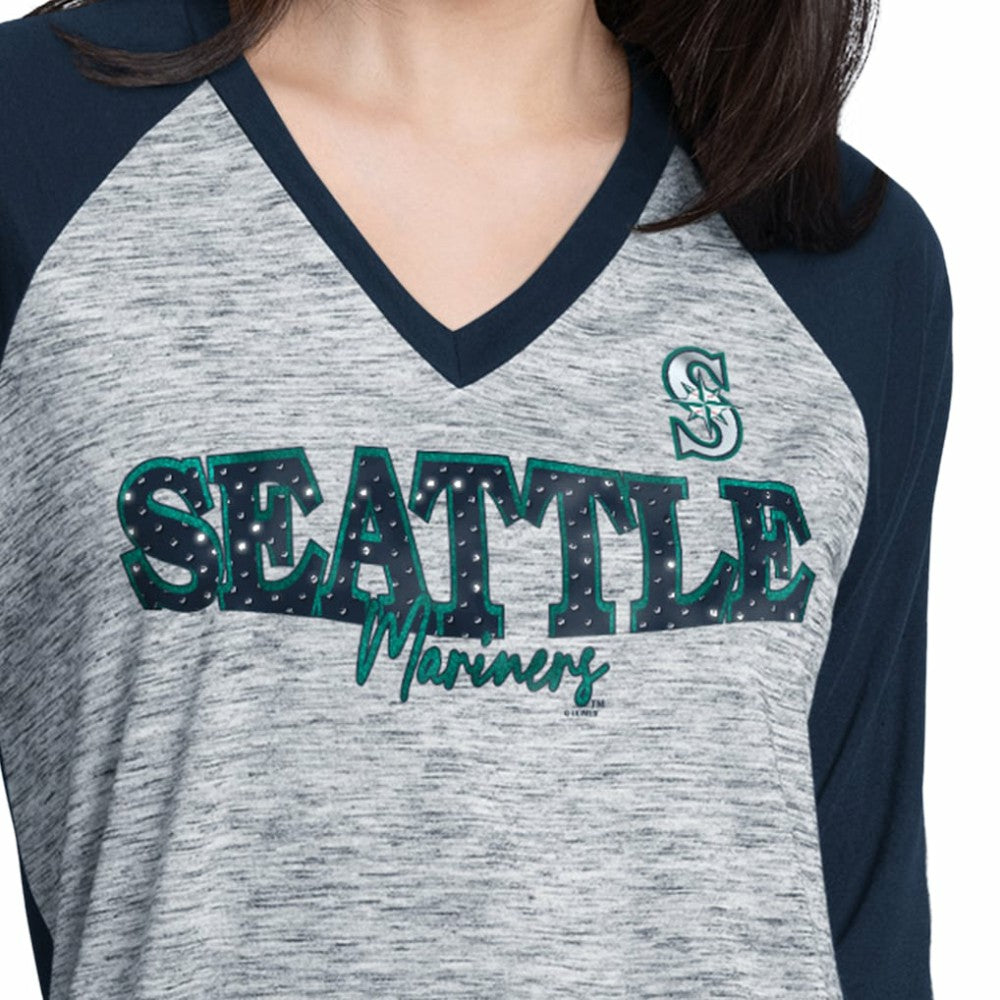 Seattle Mariners G-III 4Her by Carl Banks Women's Speed Training 3/4-Sleeve Rhinestone V-Neck T-Shirt - Navy/Heather Navy - MLB Lifestyle