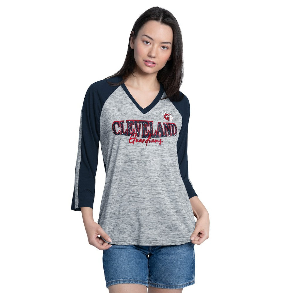 Cleveland Guardians G-III 4Her by Carl Banks Women's Speed Training 3/4-Sleeve Rhinestone V-Neck T-Shirt - Navy/Heather Navy - MLB Discount