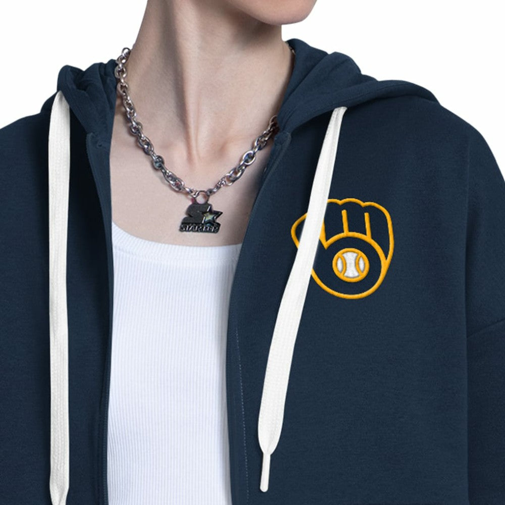Milwaukee Brewers Starter Women's Wishbone Full-Zip Hoodie - Navy/Heather Gray - MLB on Sale