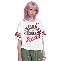 Cincinnati Reds Starter Women's Cropped Hurry Up Offense T-Shirt - White - MLB Sale