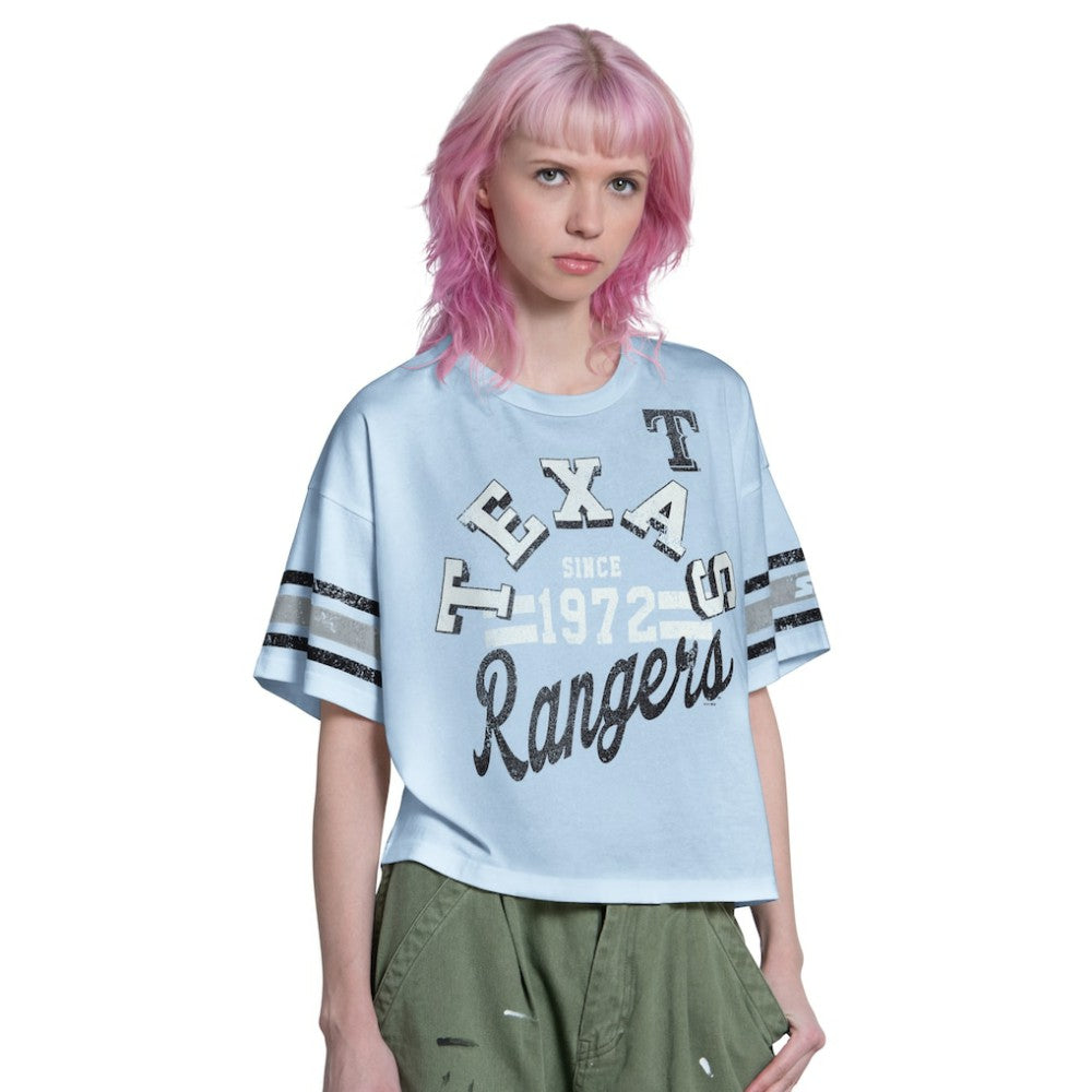 Texas Rangers Starter Women's Cropped Hurry Up Offense T-Shirt - Light Blue - MLB Lifestyle