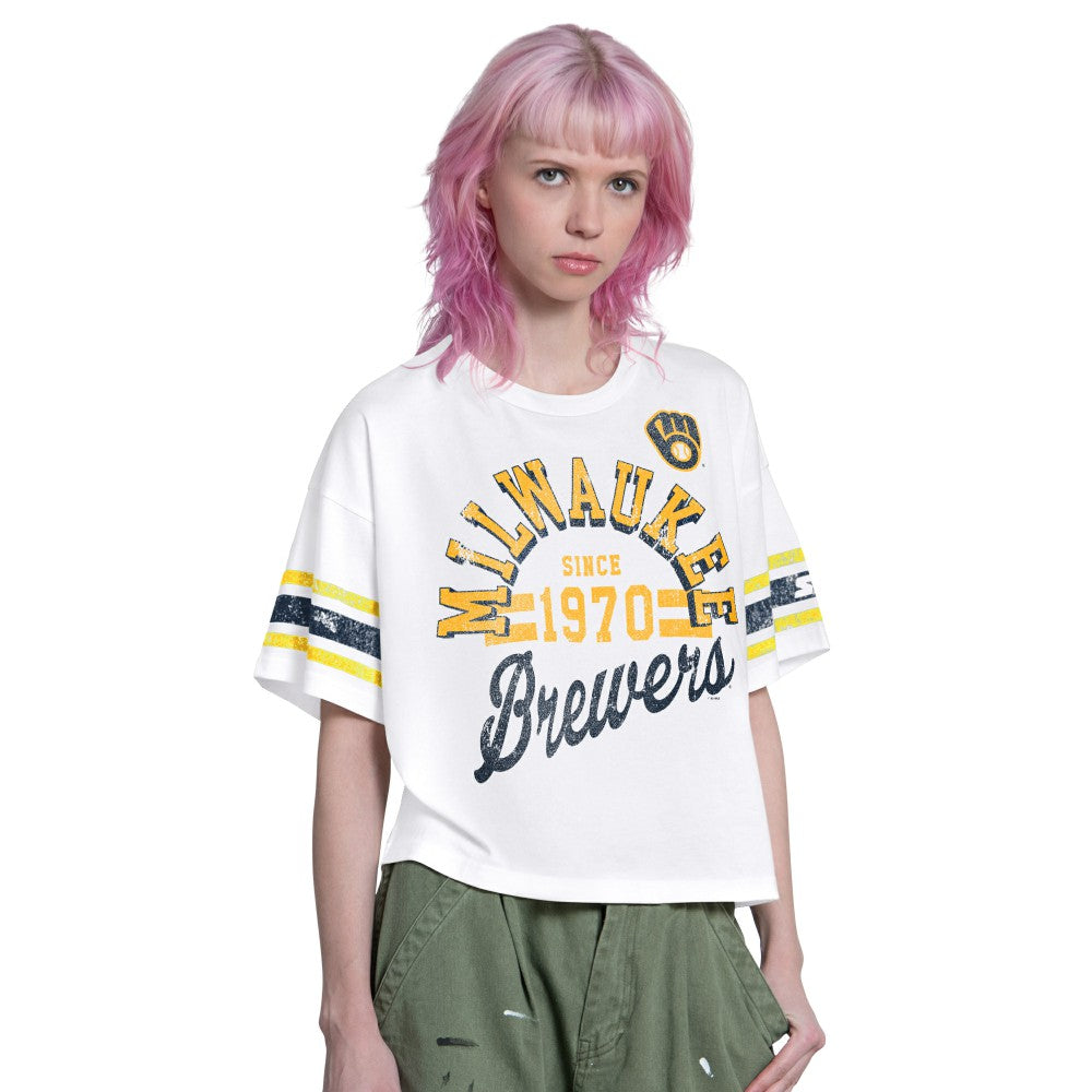 Milwaukee Brewers Starter Women's Cropped Hurry Up Offense T-Shirt - White - MLB Sale