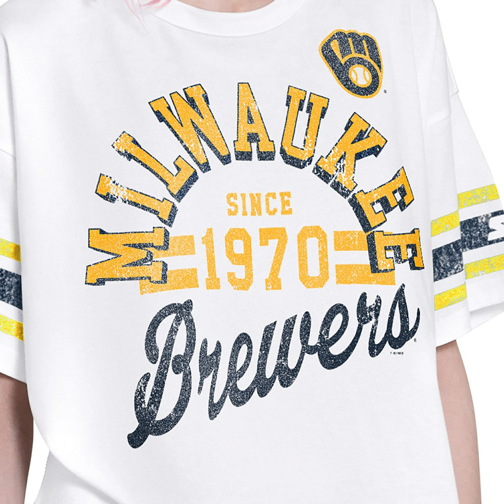 Milwaukee Brewers Starter Women's Cropped Hurry Up Offense T-Shirt - White - MLB Sale