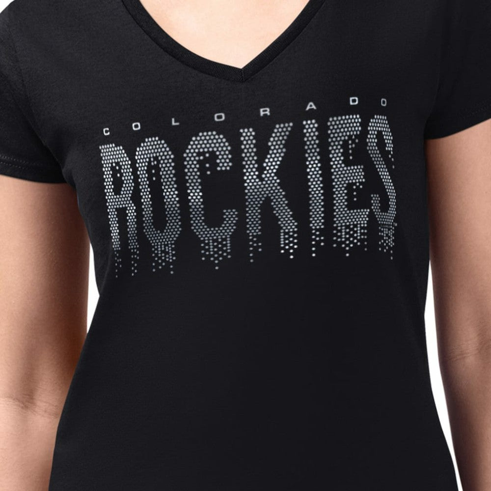 Colorado Rockies G-III 4Her by Carl Banks Women's Metallic Drop Lightweight V-Neck T-Shirt - Black - MLB on Sale