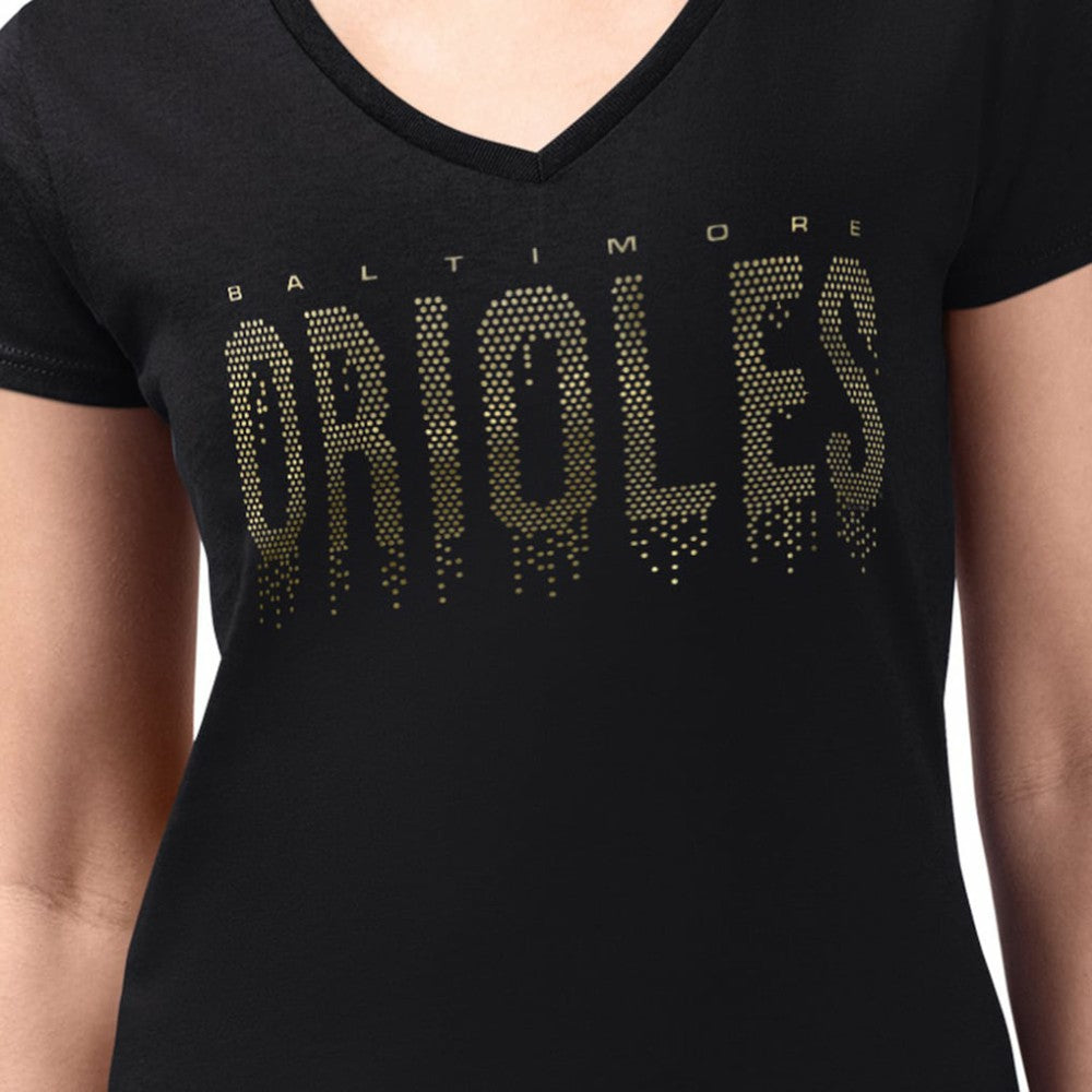 Baltimore Orioles G-III 4Her by Carl Banks Women's Metallic Drop Lightweight V-Neck T-Shirt - Black - MLB Sale