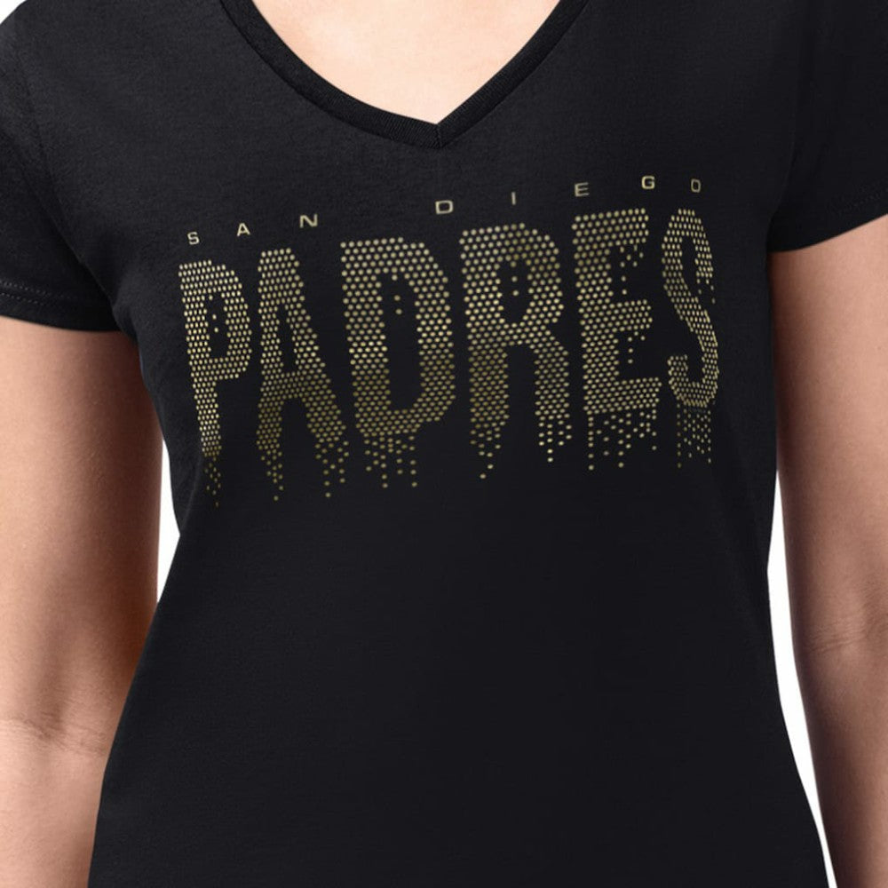 San Diego Padres G-III 4Her by Carl Banks Women's Metallic Drop Lightweight V-Neck T-Shirt - Black - MLB Discount