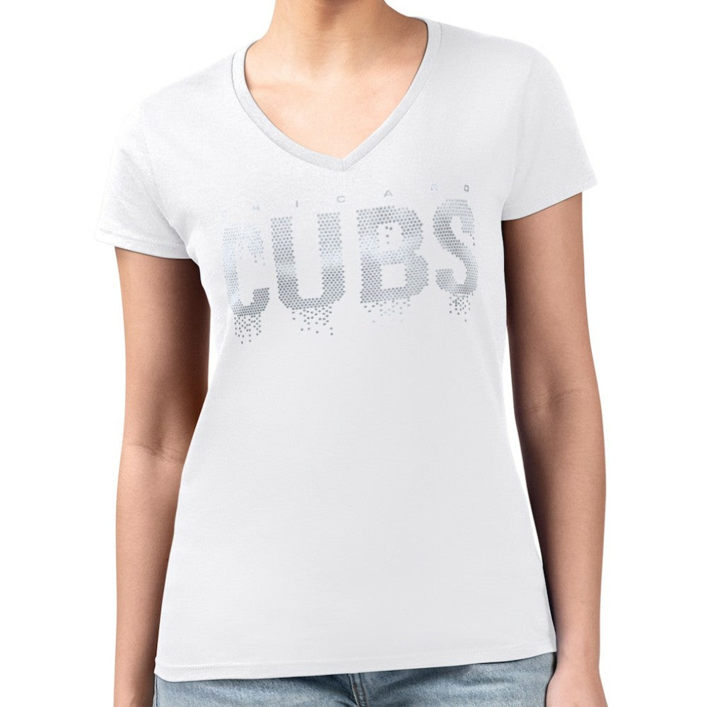 Chicago Cubs G-III 4Her by Carl Banks Women's Metallic Drop Lightweight V-Neck T-Shirt - White - MLB Sale