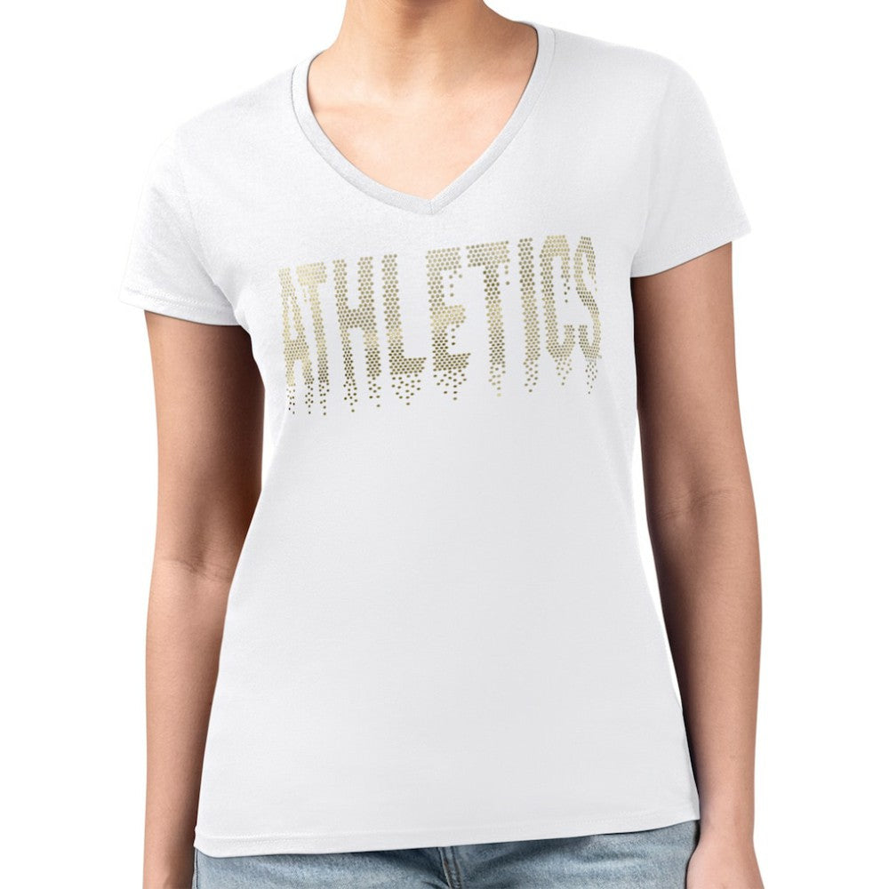 Athletics G-III 4Her by Carl Banks Women's Metallic Drop Lightweight V-Neck T-Shirt - White - MLB Online