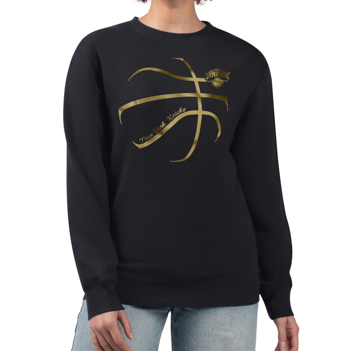 New York Knicks G-III 4Her by Carl Banks Women's Metallic Print Basketball Sketch Fleece Sweatshirt Black