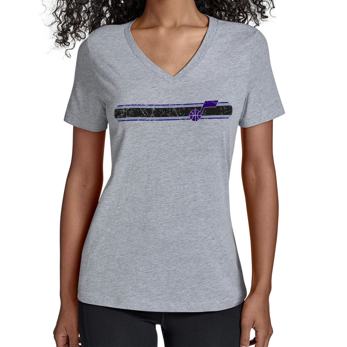 Utah Jazz Starter Women's Team Stripe V-Neck T-Shirt Gray