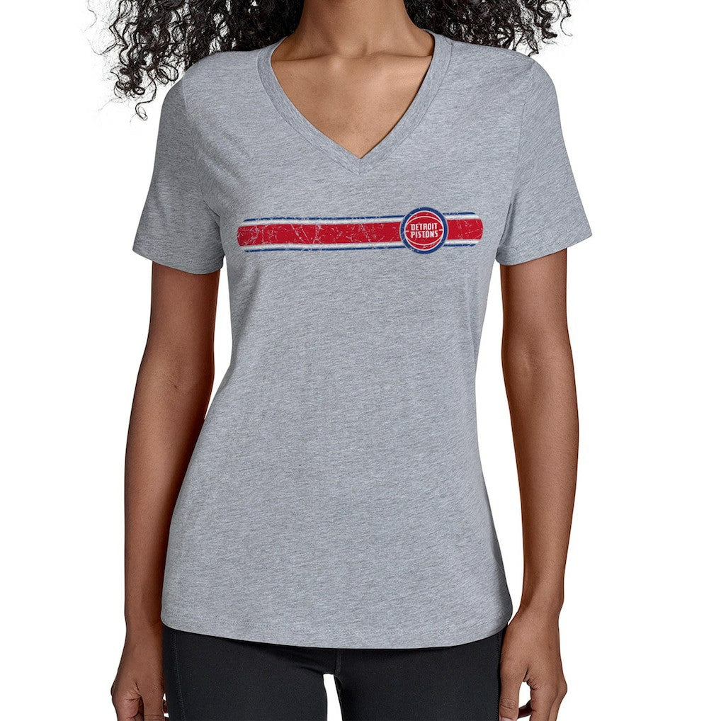 Detroit Pistons Starter Women's Team Stripe V-Neck T-Shirt Gray