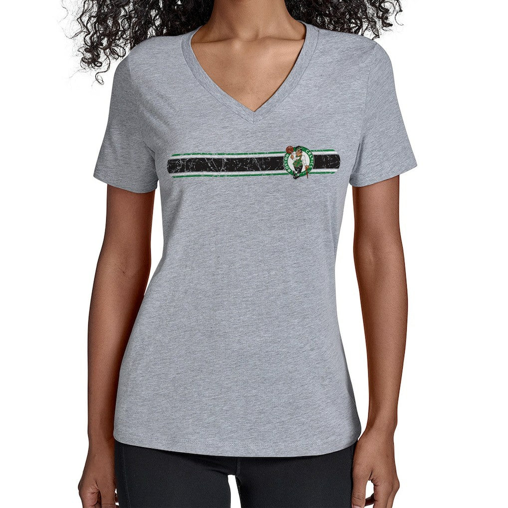 Boston Celtics Starter Women's Team Stripe V-Neck T-Shirt Gray