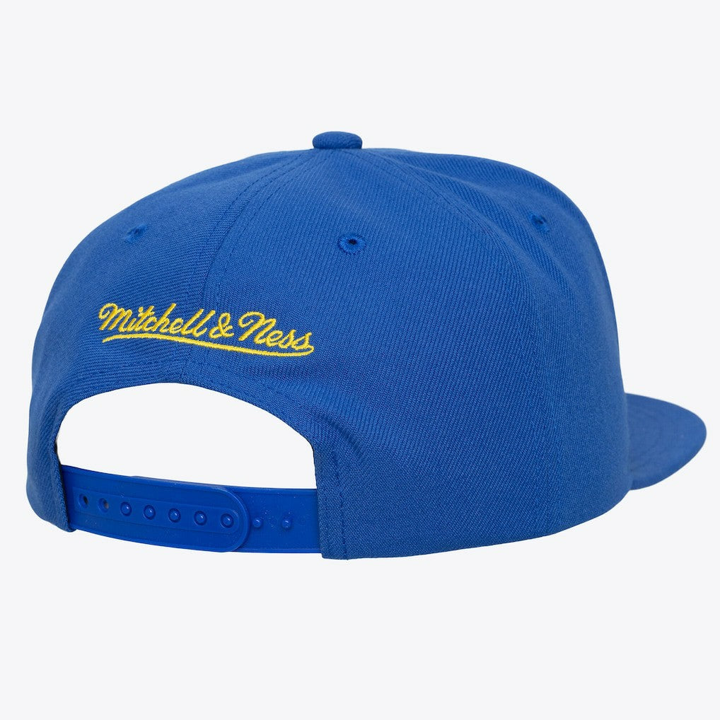 Golden State Warriors Hardwood Classics Old School Stacked Text Snapback Hat for sale Royal | Mitchell & Ness for sale