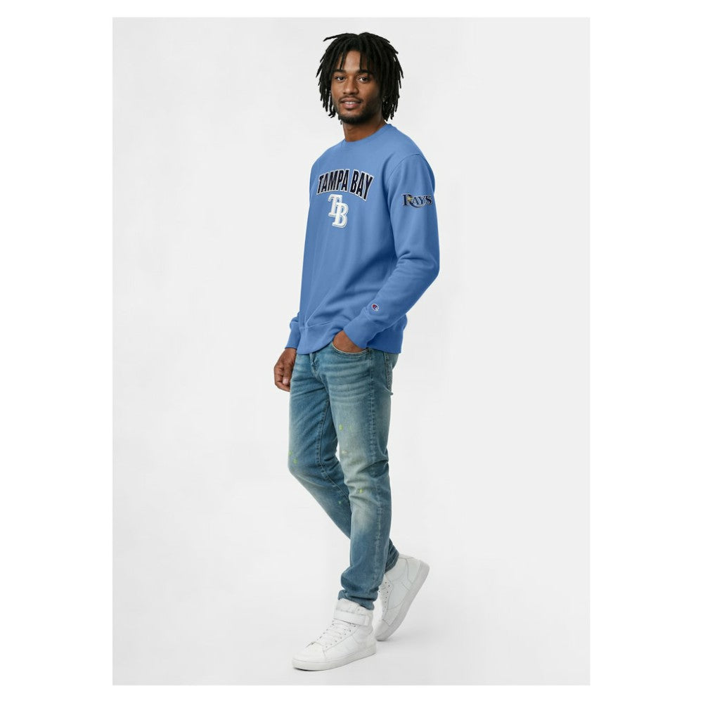 Tampa Bay Rays Champion Reverse Weave Chenille Sweatshirt - Light Blue - MLB Discount