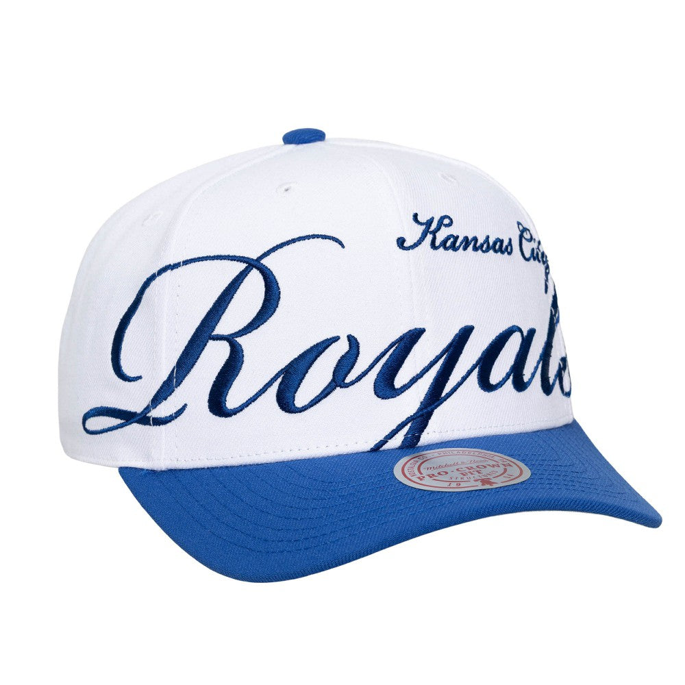 Kansas City Royals Mitchell & Ness Unisex XL Script Pro Crown Snapback Hat - White/Royal - Mitchell & Ness Sale