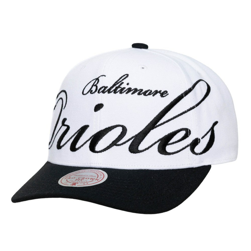 Baltimore Orioles Mitchell & Ness Unisex XL Script Pro Crown Snapback Hat - White/Black - Mitchell & Ness Online