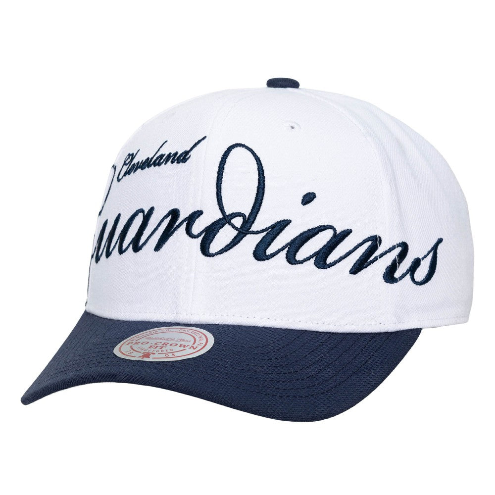 Cleveland Guardians Mitchell & Ness Unisex XL Script Pro Crown Snapback Hat - White/Navy - Mitchell & Ness on Sale
