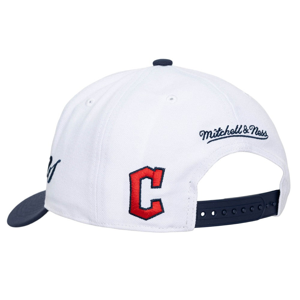Cleveland Guardians Mitchell & Ness Unisex XL Script Pro Crown Snapback Hat - White/Navy - Mitchell & Ness on Sale