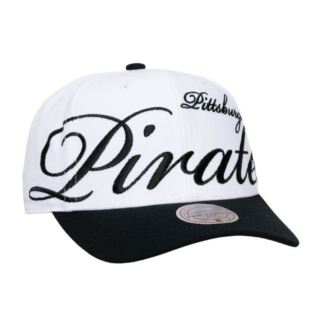 Pittsburgh Pirates Mitchell & Ness Unisex XL Script Pro Crown Adjustable Hat - White/Black - Mitchell & Ness Lifestyle