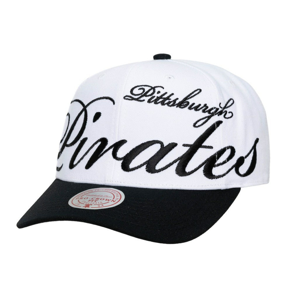 Pittsburgh Pirates Mitchell & Ness Unisex XL Script Pro Crown Adjustable Hat - White/Black - Mitchell & Ness Lifestyle