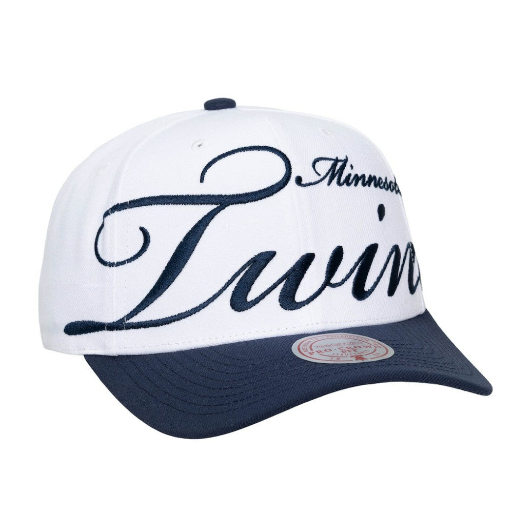 Minnesota Twins Mitchell & Ness Unisex XL Script Pro Crown Adjustable Hat - White/Navy - Mitchell & Ness Online