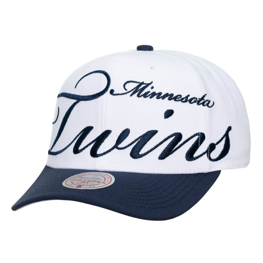 Minnesota Twins Mitchell & Ness Unisex XL Script Pro Crown Adjustable Hat - White/Navy - Mitchell & Ness Online
