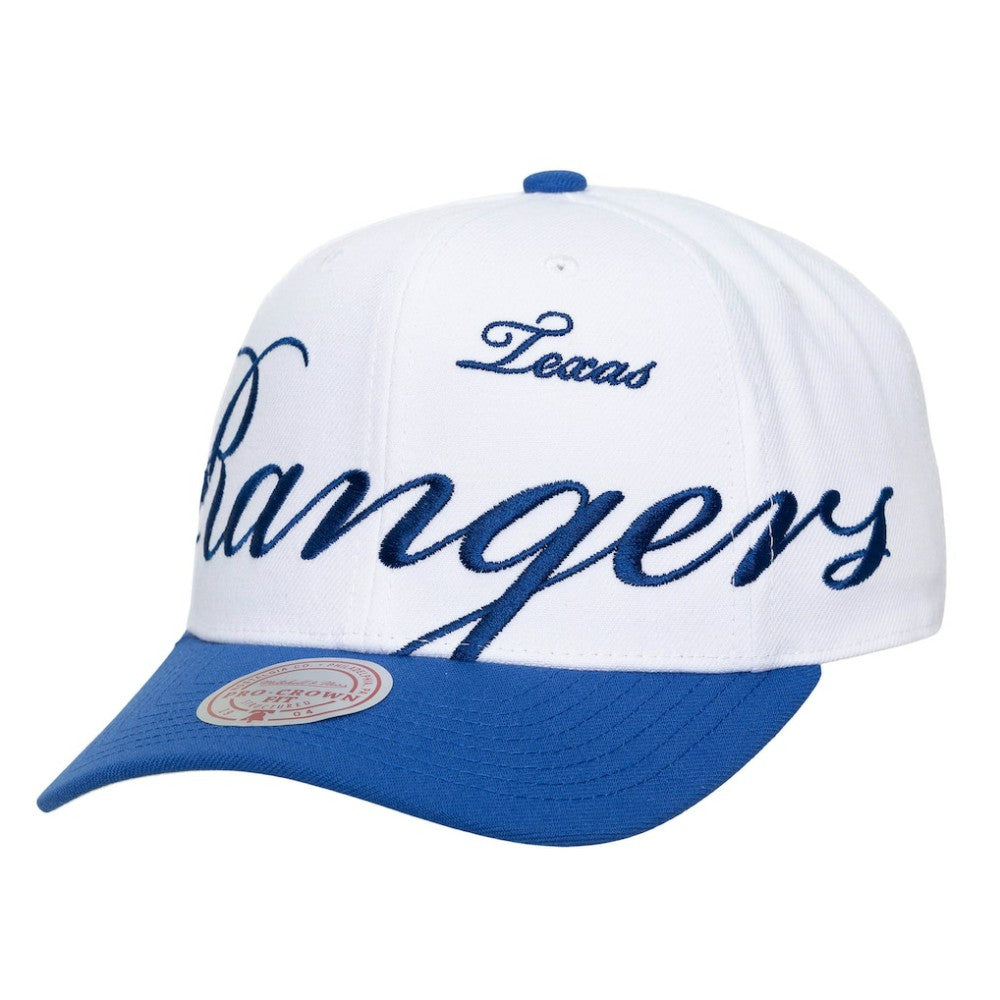 Texas Rangers Mitchell & Ness Unisex XL Script Pro Crown Adjustable Hat - White/Royal - Mitchell & Ness Lifestyle