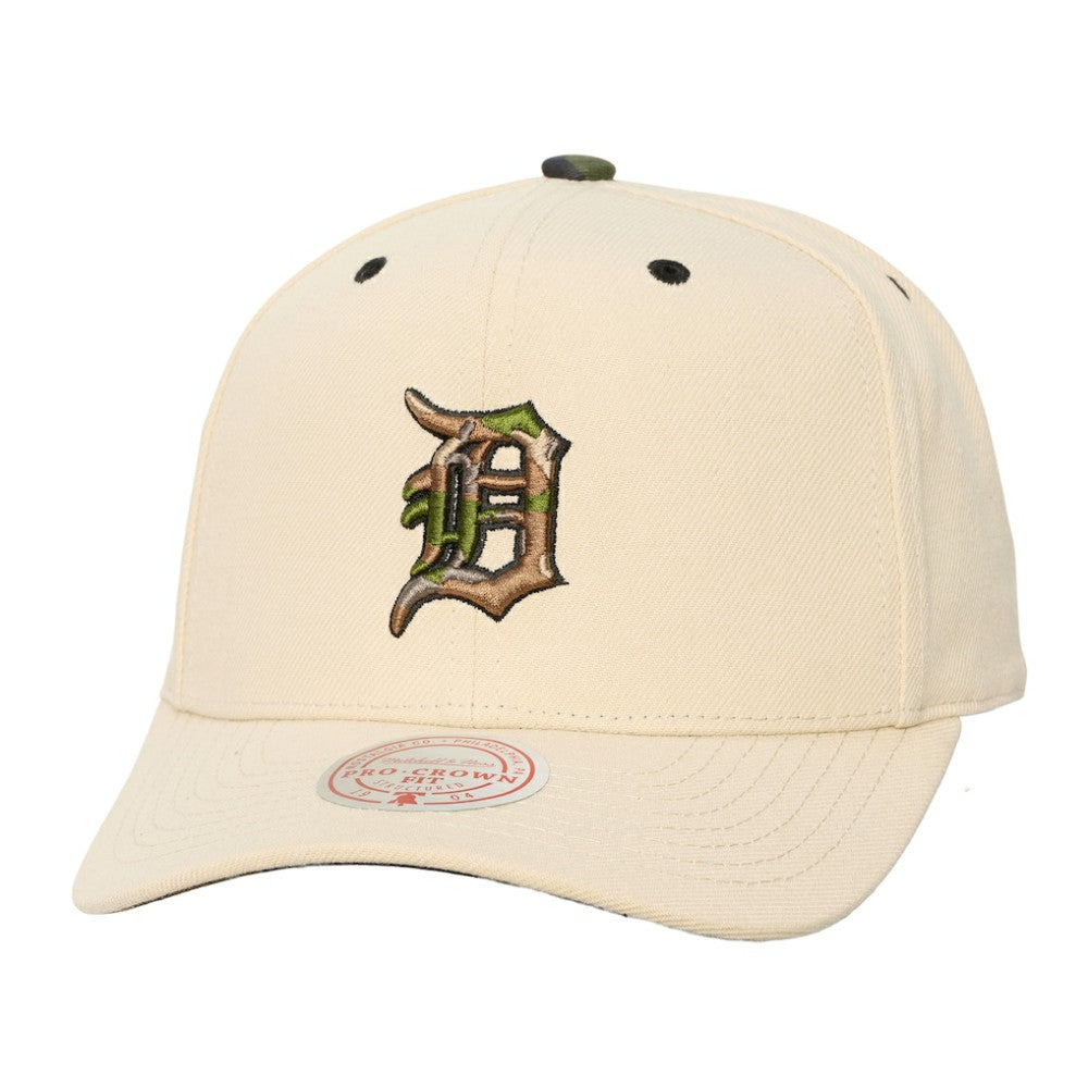 Detroit Tigers Mitchell & Ness Unisex Camo Logo Pro Crown Snapback Hat - Cream - Mitchell & Ness Lifestyle