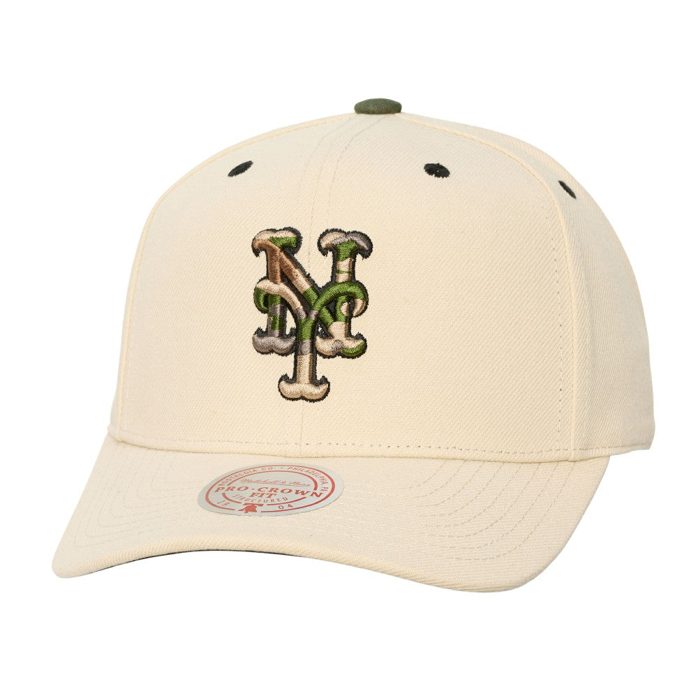 New York Mets Mitchell & Ness Unisex Camo Logo Pro Crown Snapback Hat - Cream - Mitchell & Ness Lifestyle