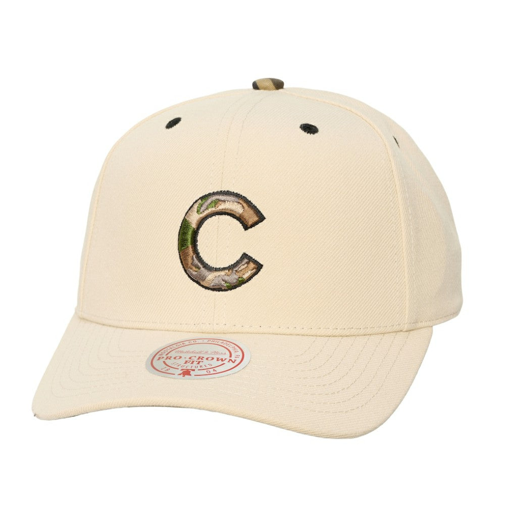 Chicago Cubs Mitchell & Ness Unisex Camo Logo Pro Crown Snapback Hat - Cream - Mitchell & Ness Online