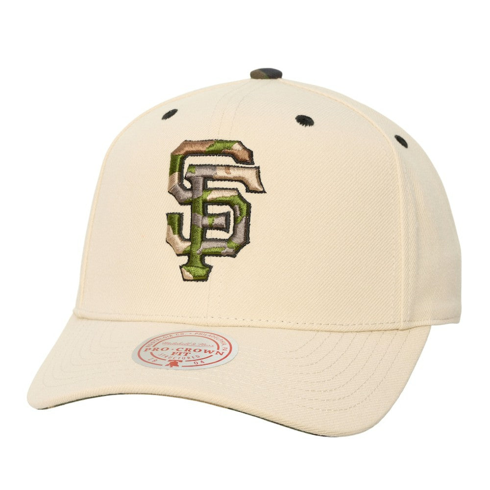 San Francisco Giants Mitchell & Ness Unisex Camo Logo Pro Crown Snapback Hat - Cream - Mitchell & Ness Lifestyle
