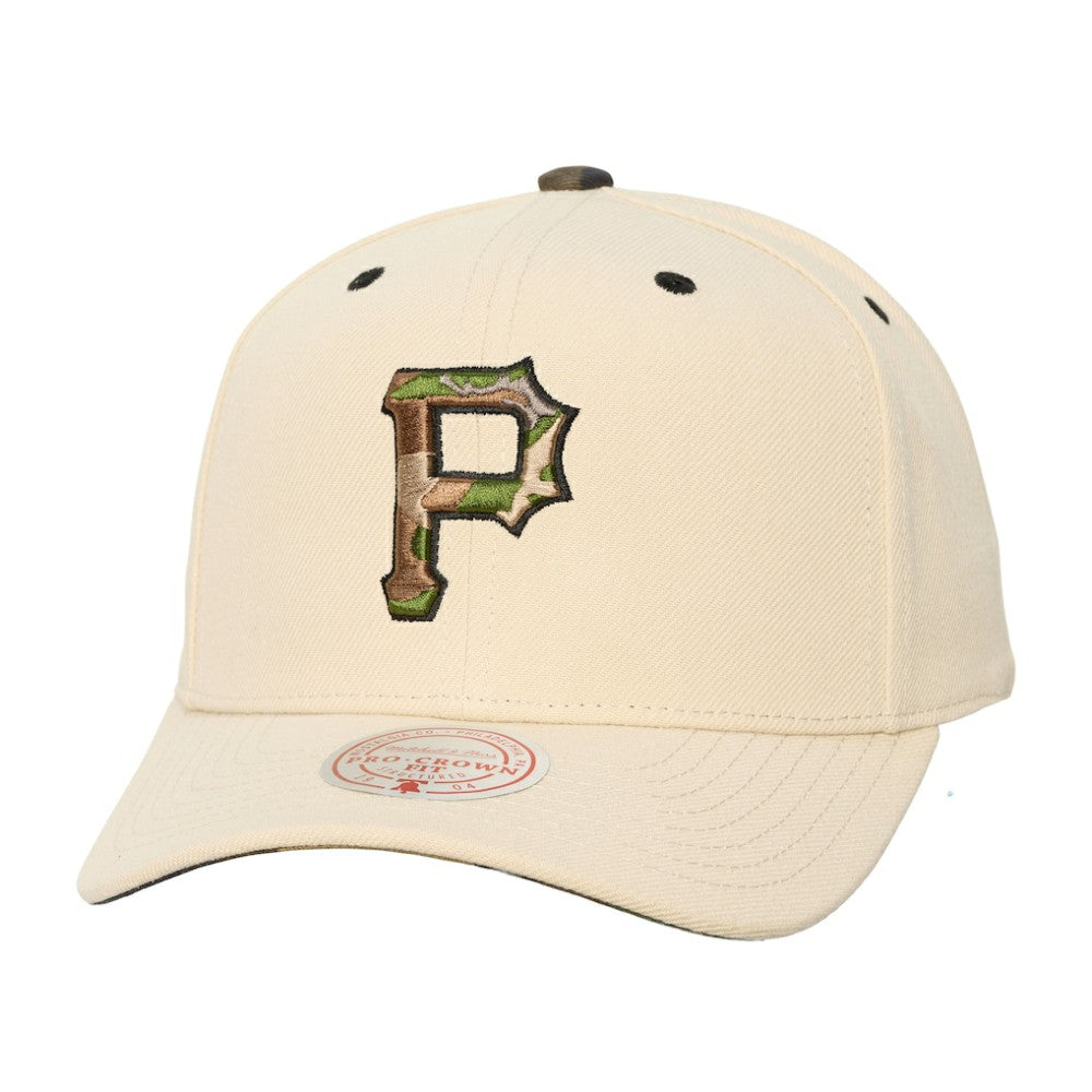 Pittsburgh Pirates Mitchell & Ness Unisex Camo Logo Pro Crown Snapback Hat - Cream - Mitchell & Ness Sale