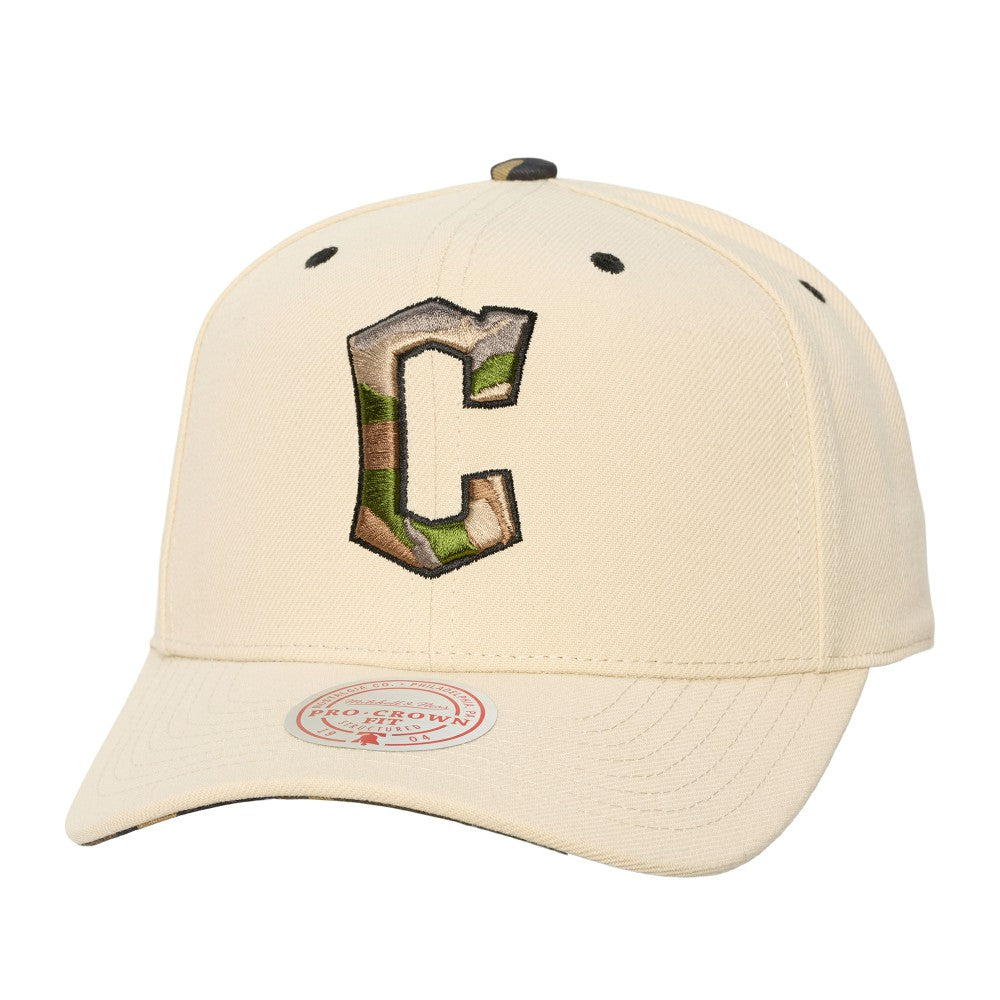 Cleveland Guardians Mitchell & Ness Unisex Camo Logo Pro Crown Snapback Hat - Cream - Mitchell & Ness Discount