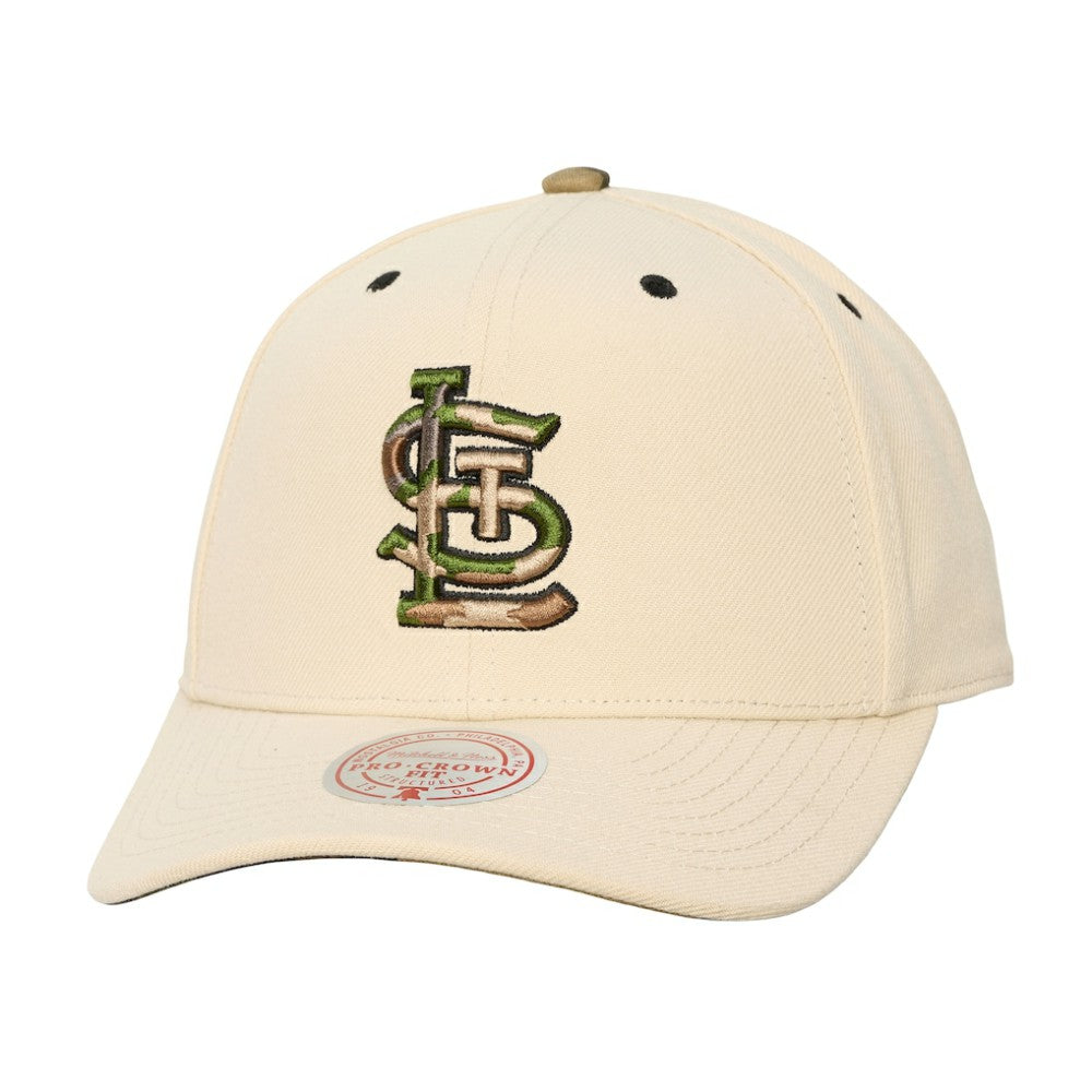 St. Louis Cardinals Mitchell & Ness Unisex Camo Logo Pro Crown Snapback Hat - Cream - Mitchell & Ness Lifestyle