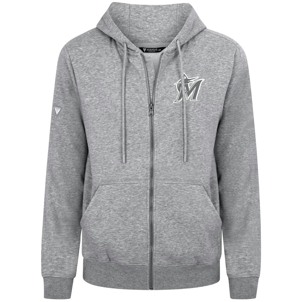 Miami Marlins Levelwear Podium Chenille Logo Full-Zip Hoodie - Heather Gray - MLB Sale