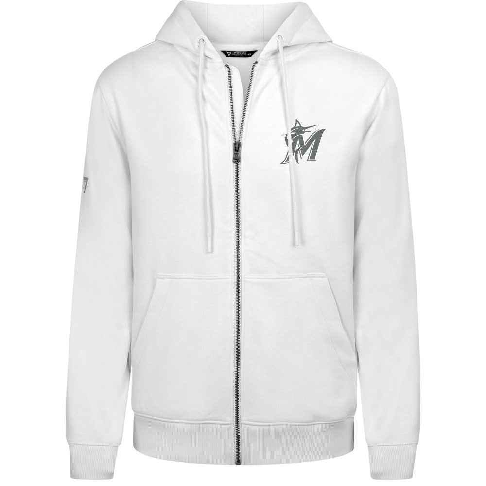Miami Marlins Levelwear Podium Chenille Logo Full-Zip Hoodie - White - MLB Discount