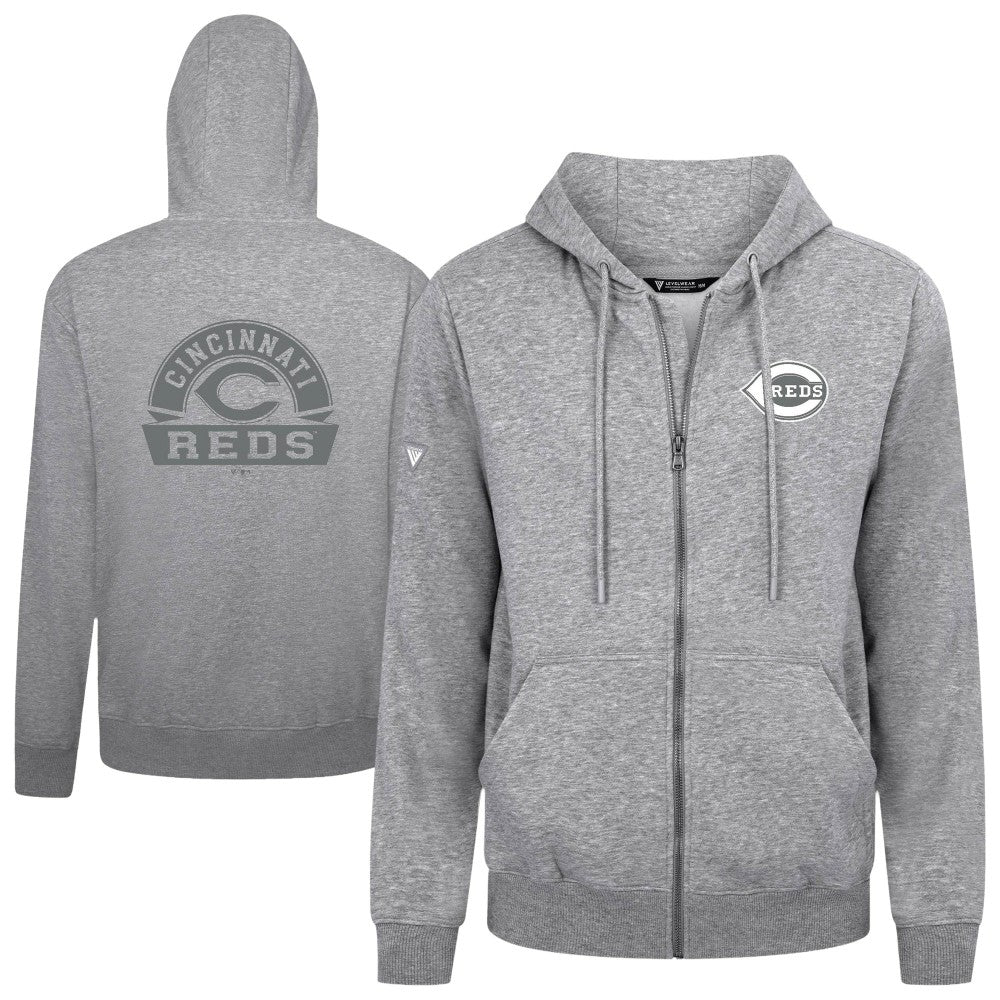 Cincinnati Reds Levelwear Podium Banner Arch Full-Zip Hoodie - Heather Gray - MLB Lifestyle