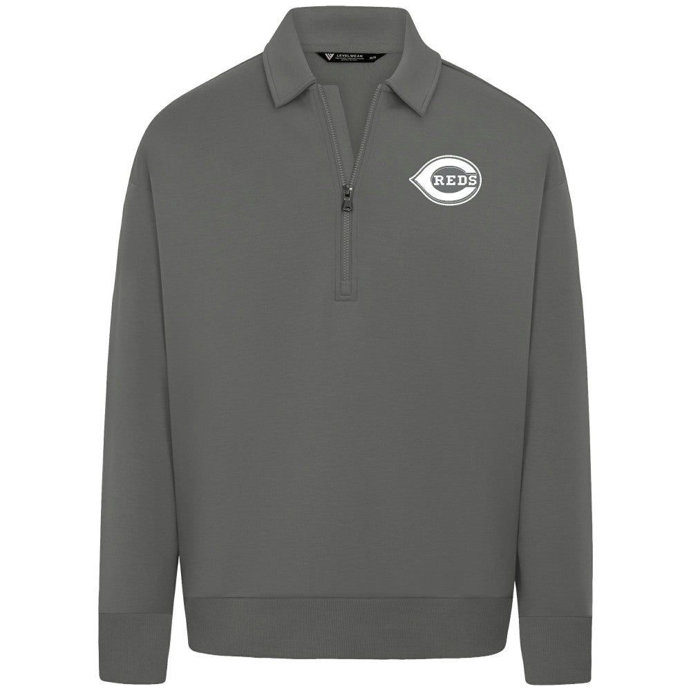 Cincinnati Reds Levelwear Luxe Signature Quarter-Zip Chenille Logo Tri-Blend Sweatshirt - Gray - MLB Lifestyle