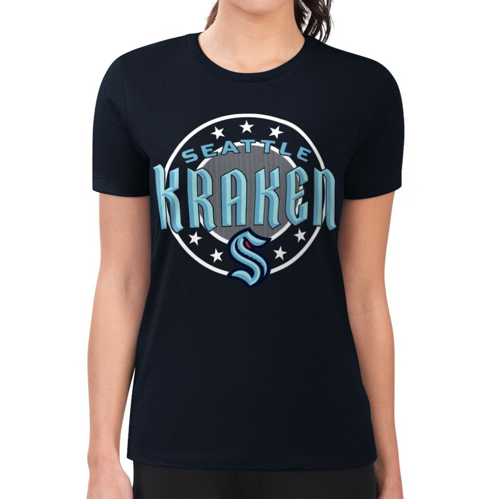 Seattle Kraken G-III 4Her by Carl Banks Women's Super-Slim Lightweight Pinstripe Circle Graphic T-Shirt - Navy - NHL 203505350